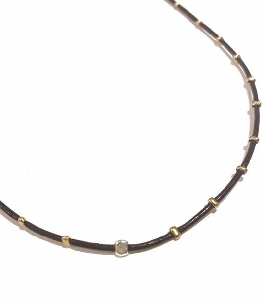 Collier cuir plaque or et argent